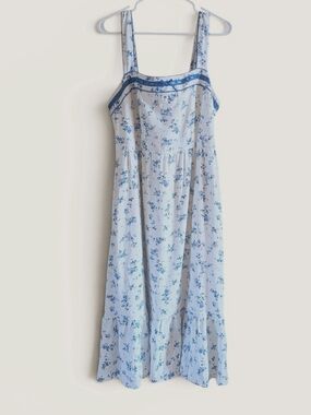 Joie Linen Blend Blue White Floral Tiered Midi Dress Ribbon Trim Summer Sz L